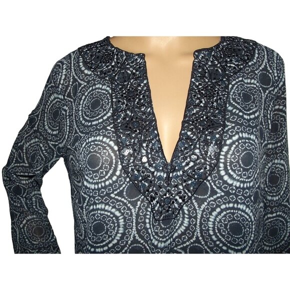 Michael Kors Tunic Blouse Womens Size Medium blue sequin geometric print v-neck - Picture 2 of 11